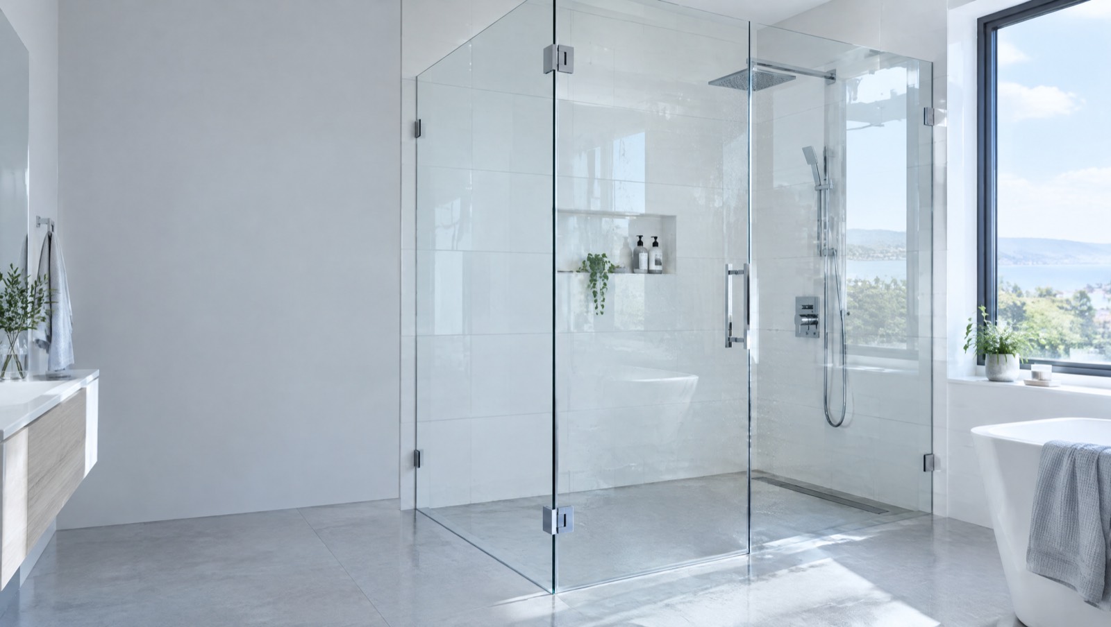 Modern bathroom with a frameless clear glass walk-in shower and chrome hinges (illustrative image)