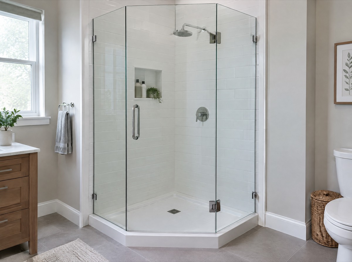 Neo-Angle Shower Glass installed in a modern bathroom